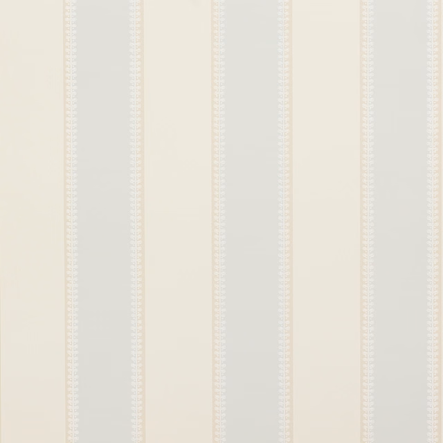 Pale old-blue wallpaper with ivory vertical stripes and delicate white edge motifs