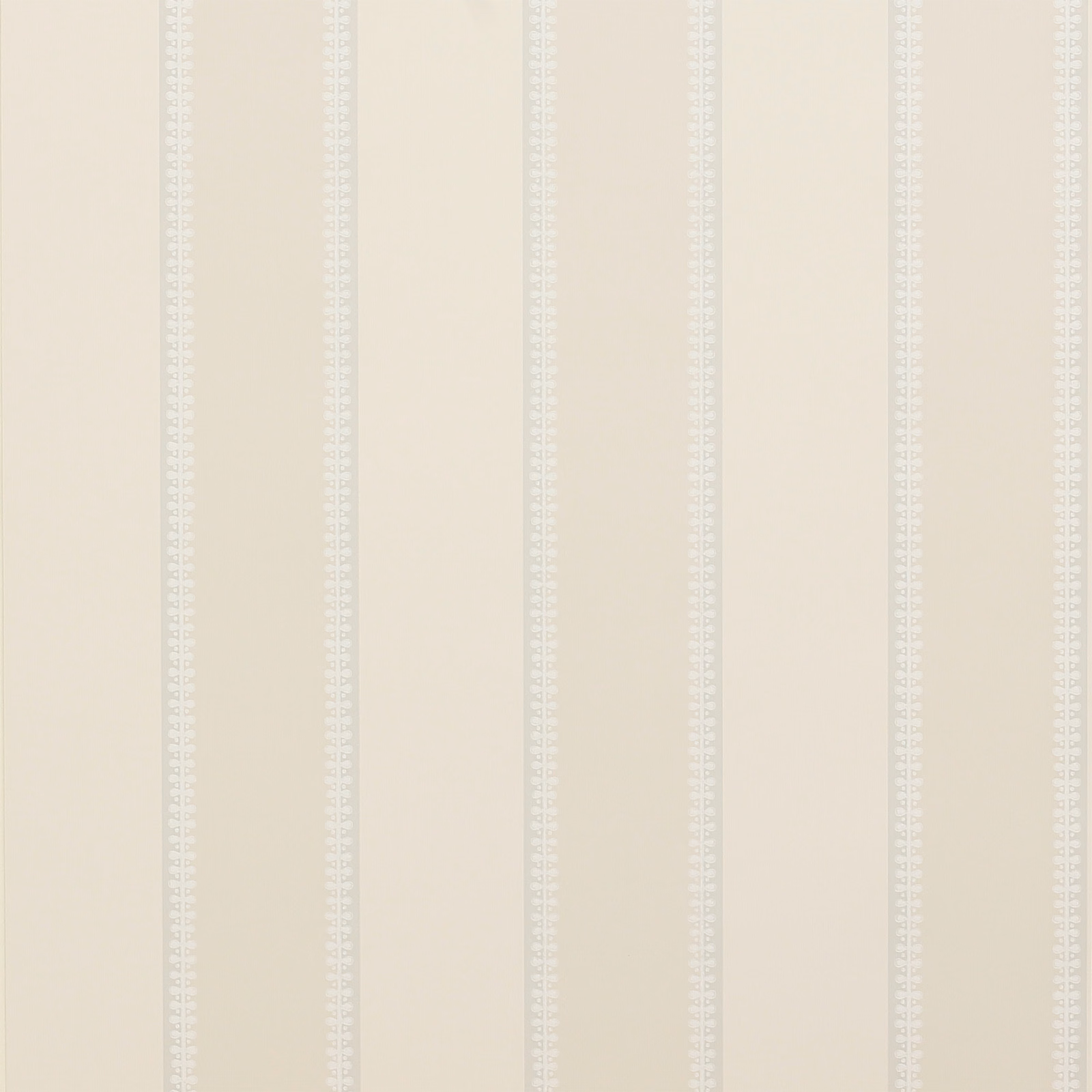Pale silver wallpaper with delicate ivory vertical stripes and tiny geometric edging