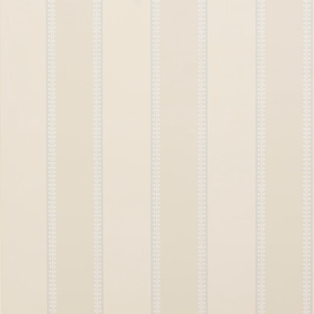 Pale silver wallpaper with delicate ivory vertical stripes and tiny geometric edging