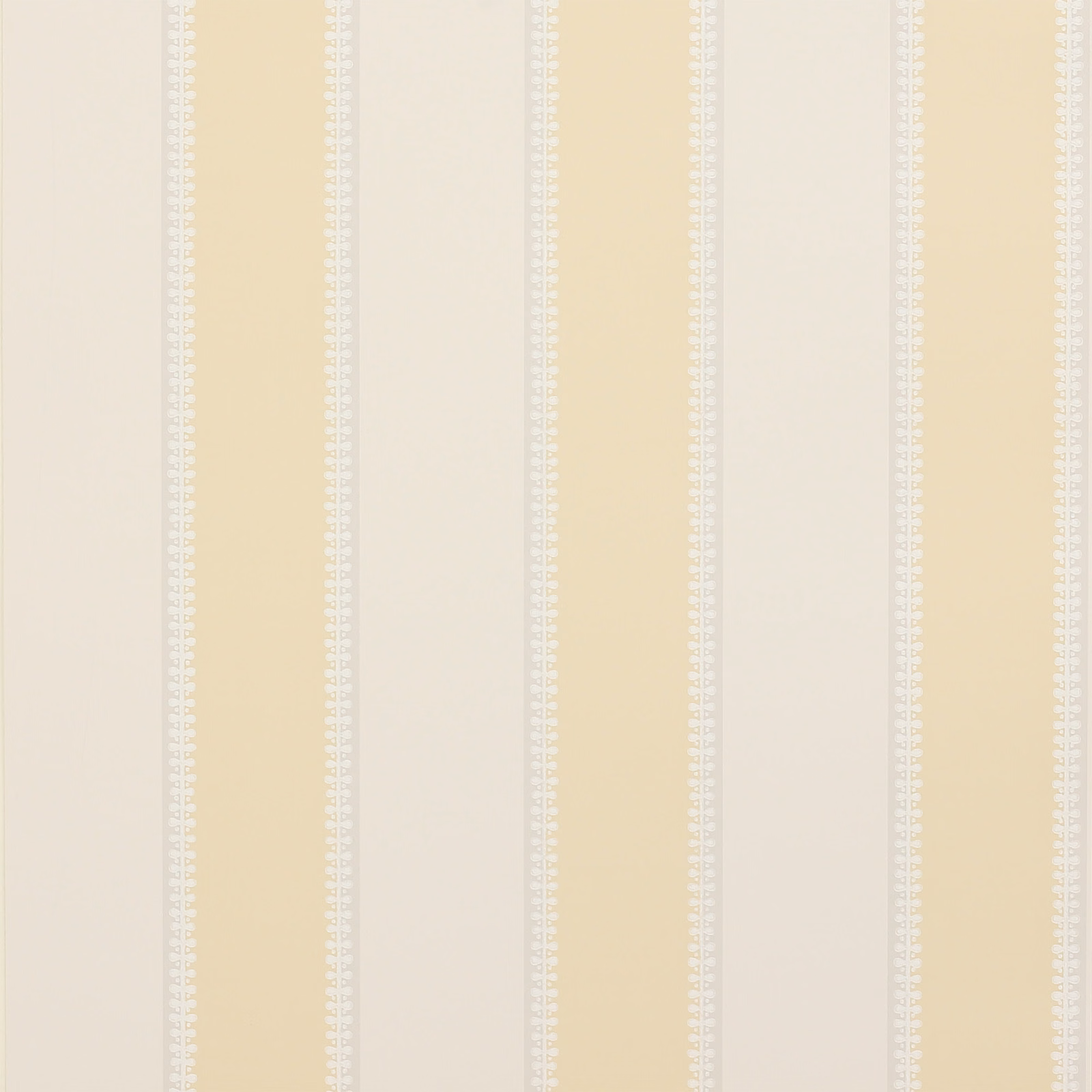 Soft yellow and ivory vertical stripe wallpaper with delicate white edge detailing