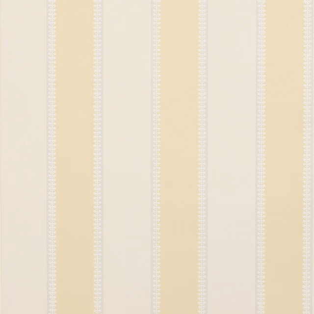 Soft yellow and ivory vertical stripe wallpaper with delicate white edge detailing