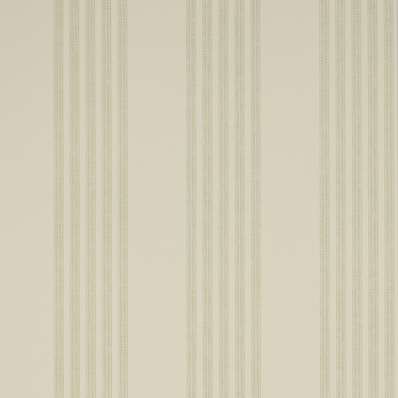 Pale sage-green vertical stripes with delicate leaf detail on a warm beige wallpaper ground