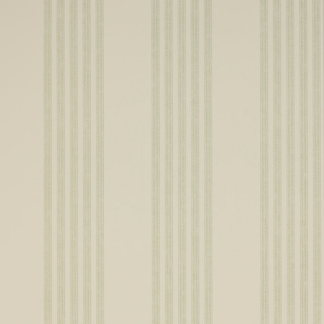 Pale sage-green vertical stripes with delicate leaf detail on a warm beige wallpaper ground