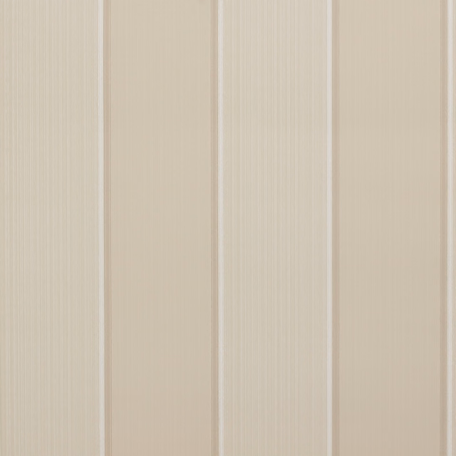 Warm beige wallpaper with fine vertical cream stripes and subtle paper texture