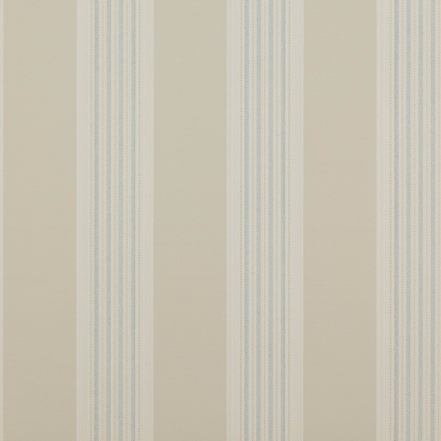 Warm beige wallpaper with delicate pale blue vertical stripes in narrow bands