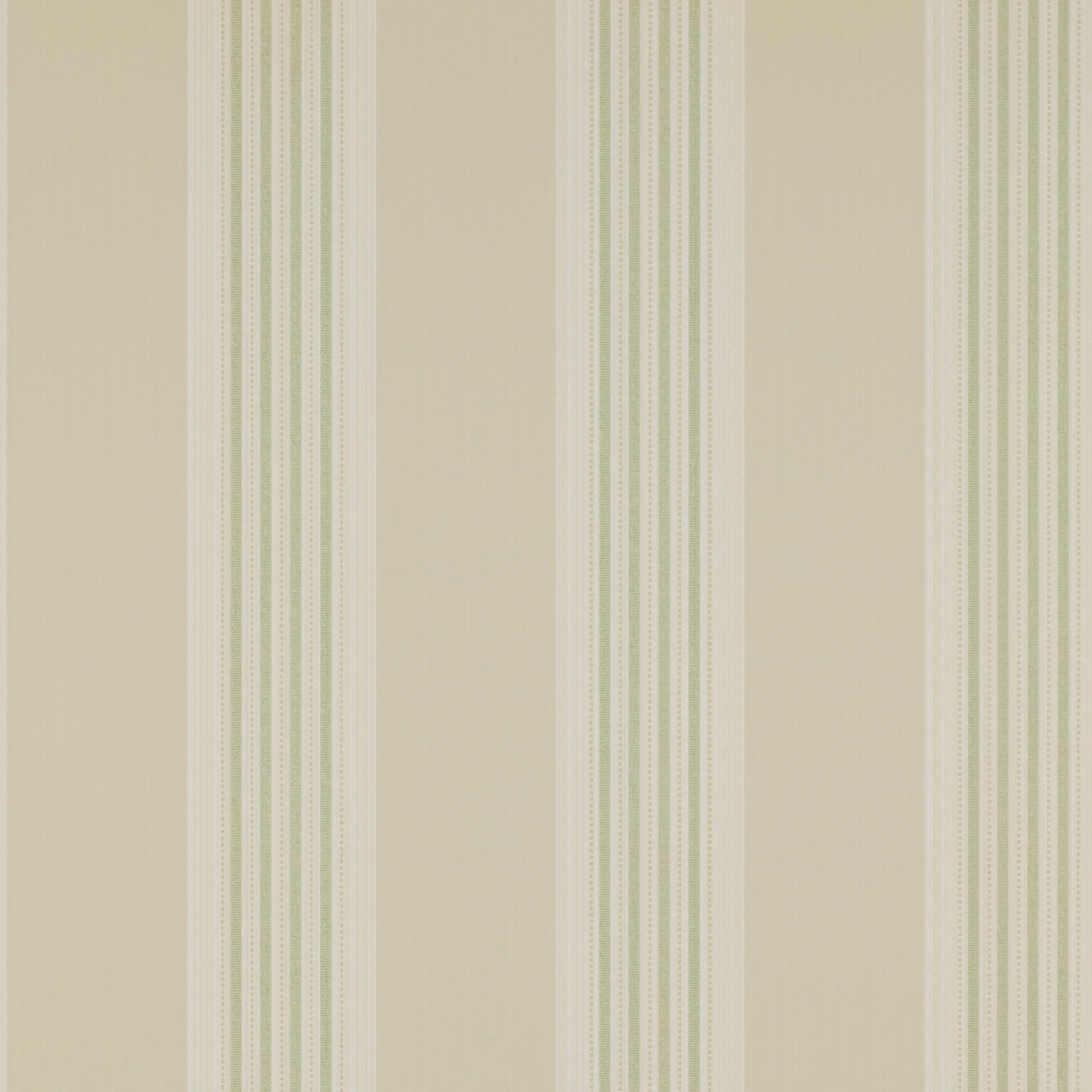 Muted beige wallpaper with sage-green, ivory and dotted vertical stripe bands