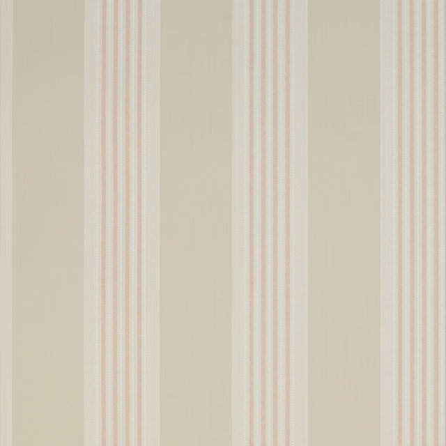 Cream wallpaper with fine blush pink and pale blue-green vertical stripes