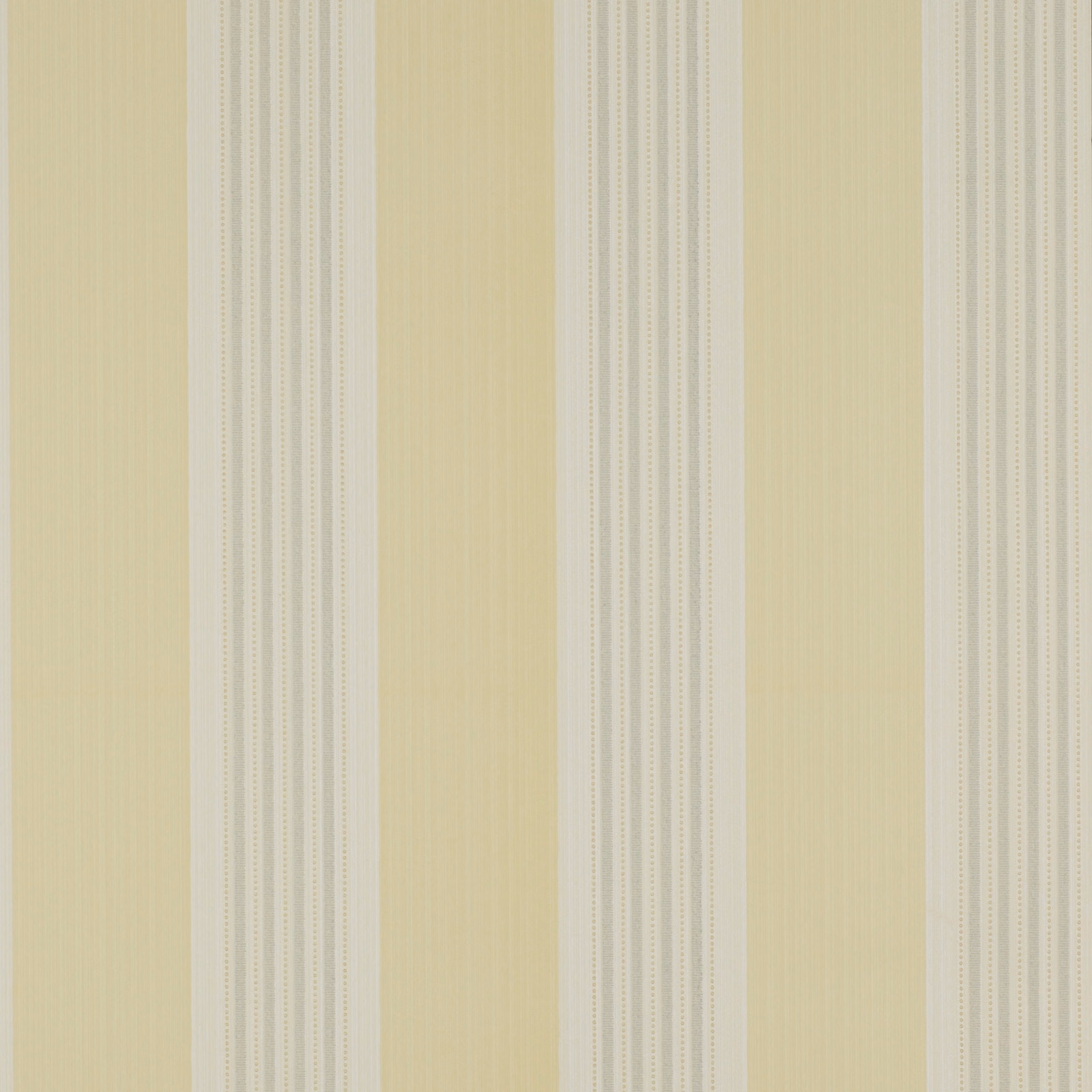 Pale yellow wallpaper with narrow grey vertical stripes and fine linear texture