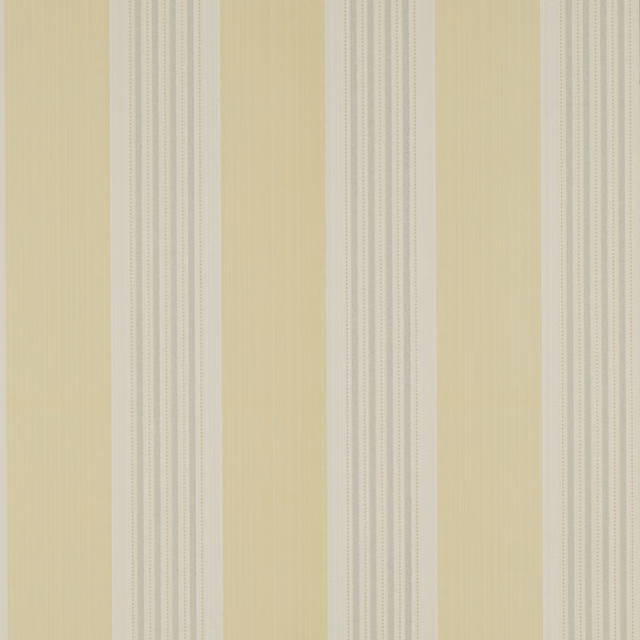 Pale yellow wallpaper with narrow grey vertical stripes and fine linear texture