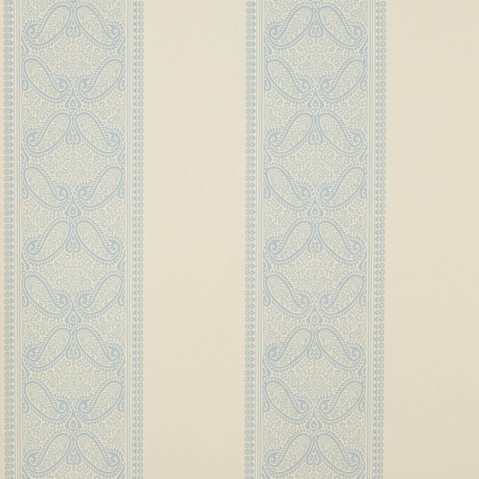 Pale blue-grey ornate vertical stripes on a warm ivory wallpaper ground