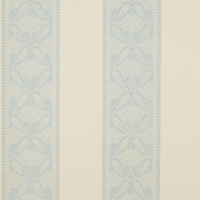 Pale blue-grey ornate vertical stripes on a warm ivory wallpaper ground