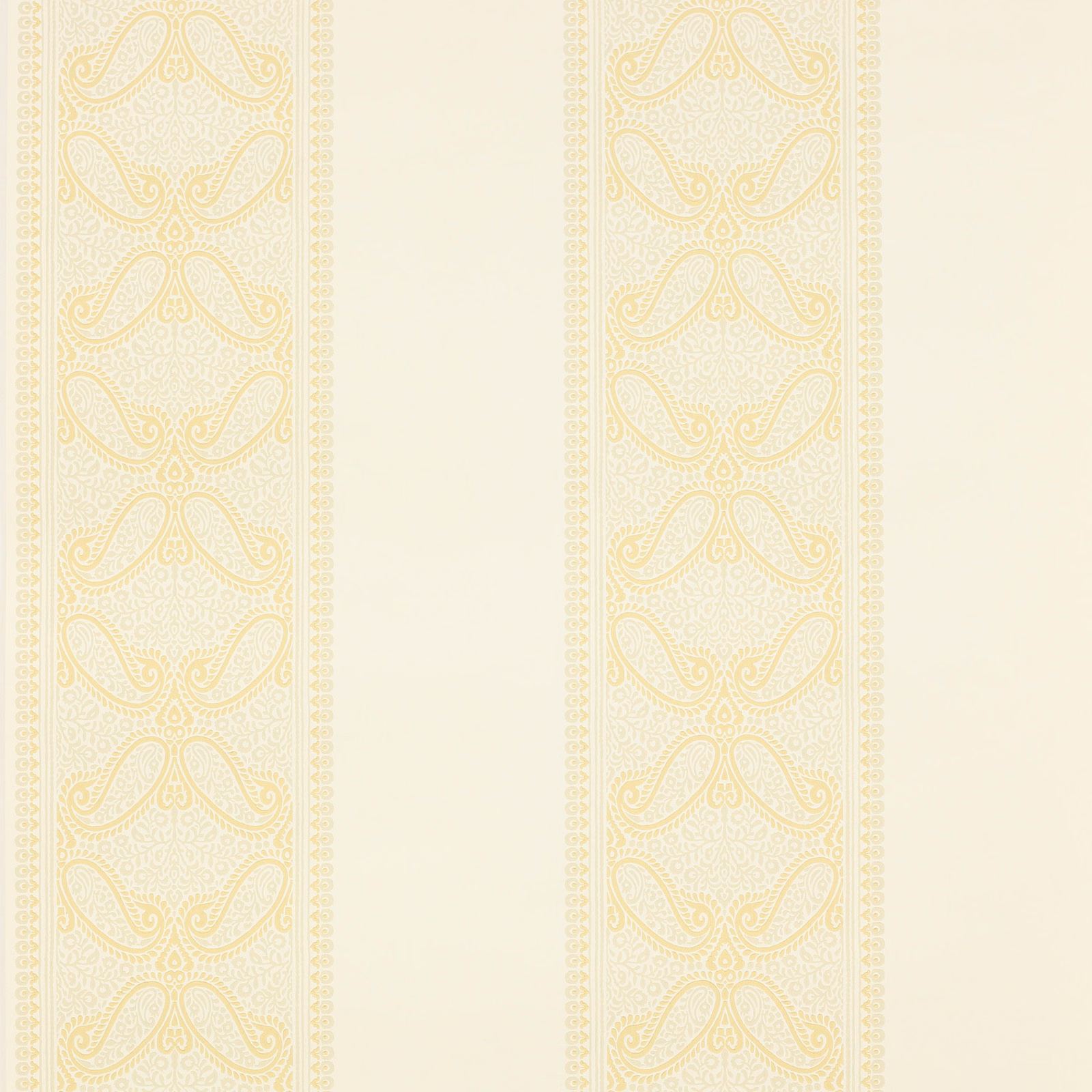 Ivory wallpaper with pale gold ornamental stripes and delicate dotted borders