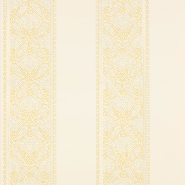 Ivory wallpaper with pale gold ornamental stripes and delicate dotted borders