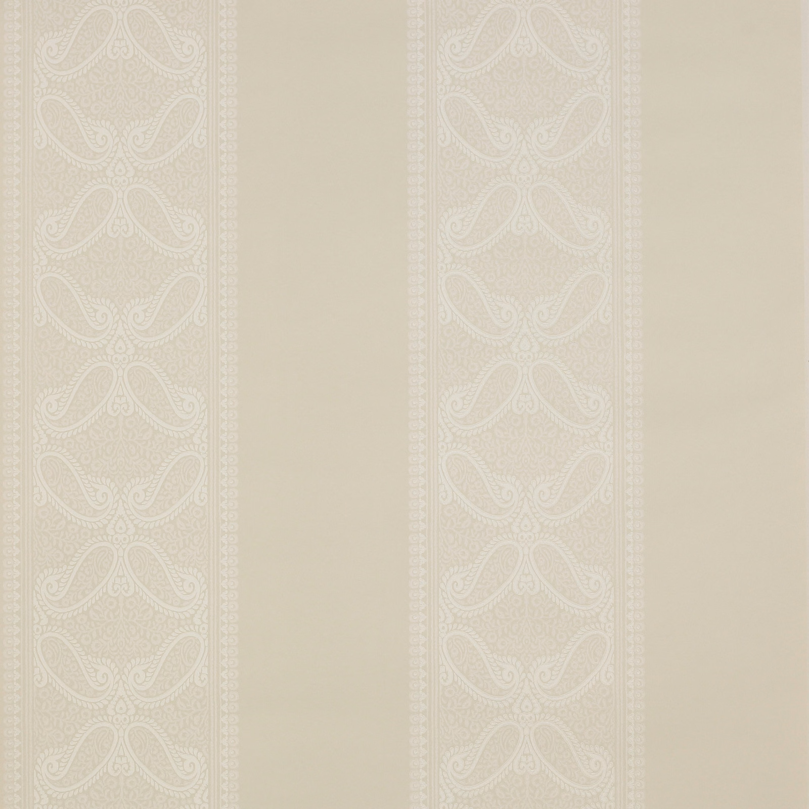 Warm ivory wallpaper with delicate tone-on-tone paisley stripes and plain vertical panels