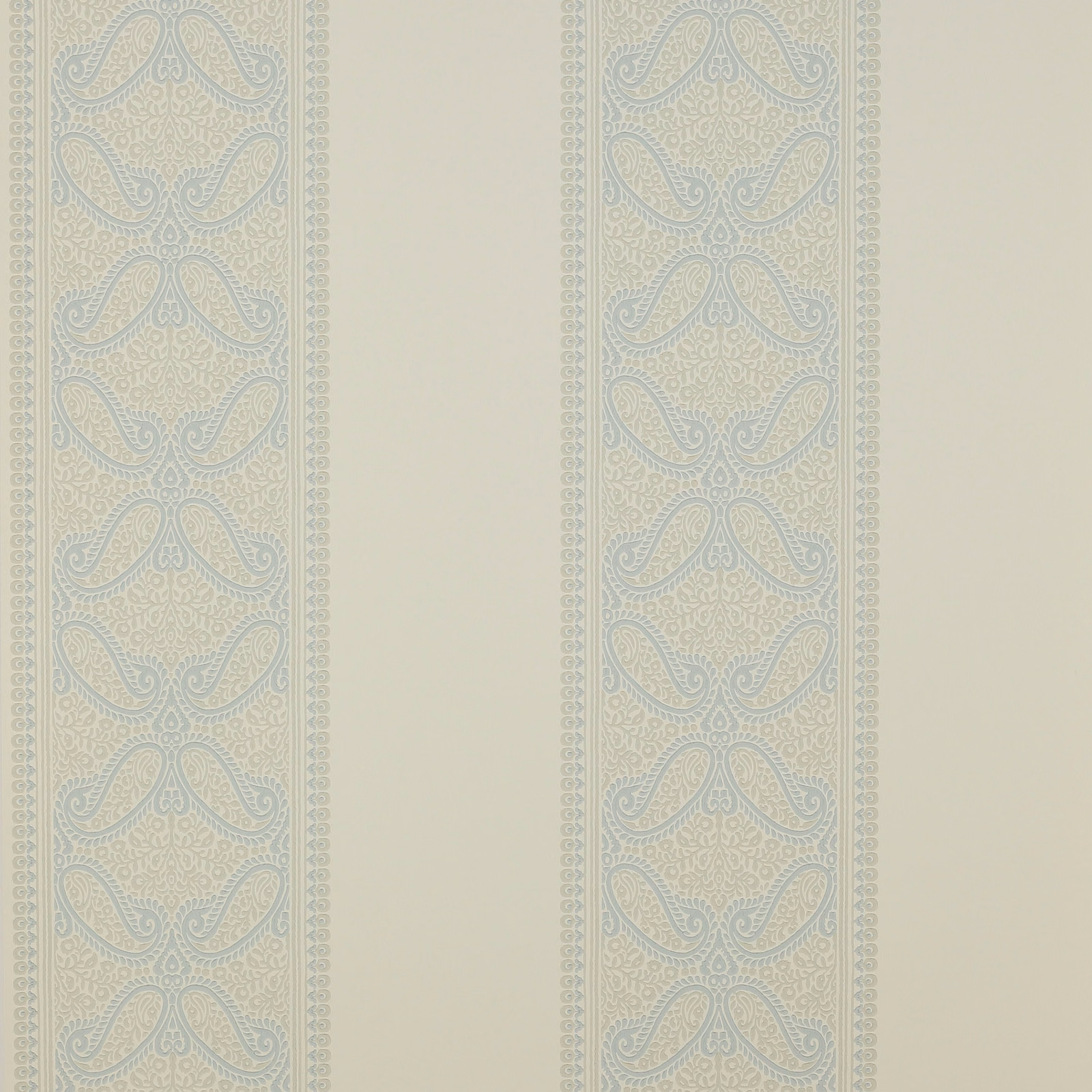 Pale cream wallpaper with muted old-blue paisley scroll stripes and dotted borders