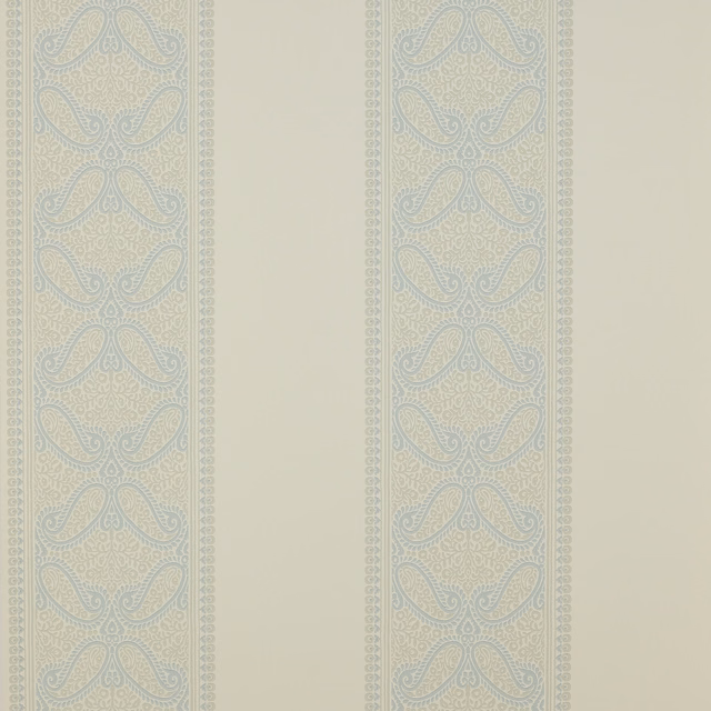 Pale cream wallpaper with muted old-blue paisley scroll stripes and dotted borders