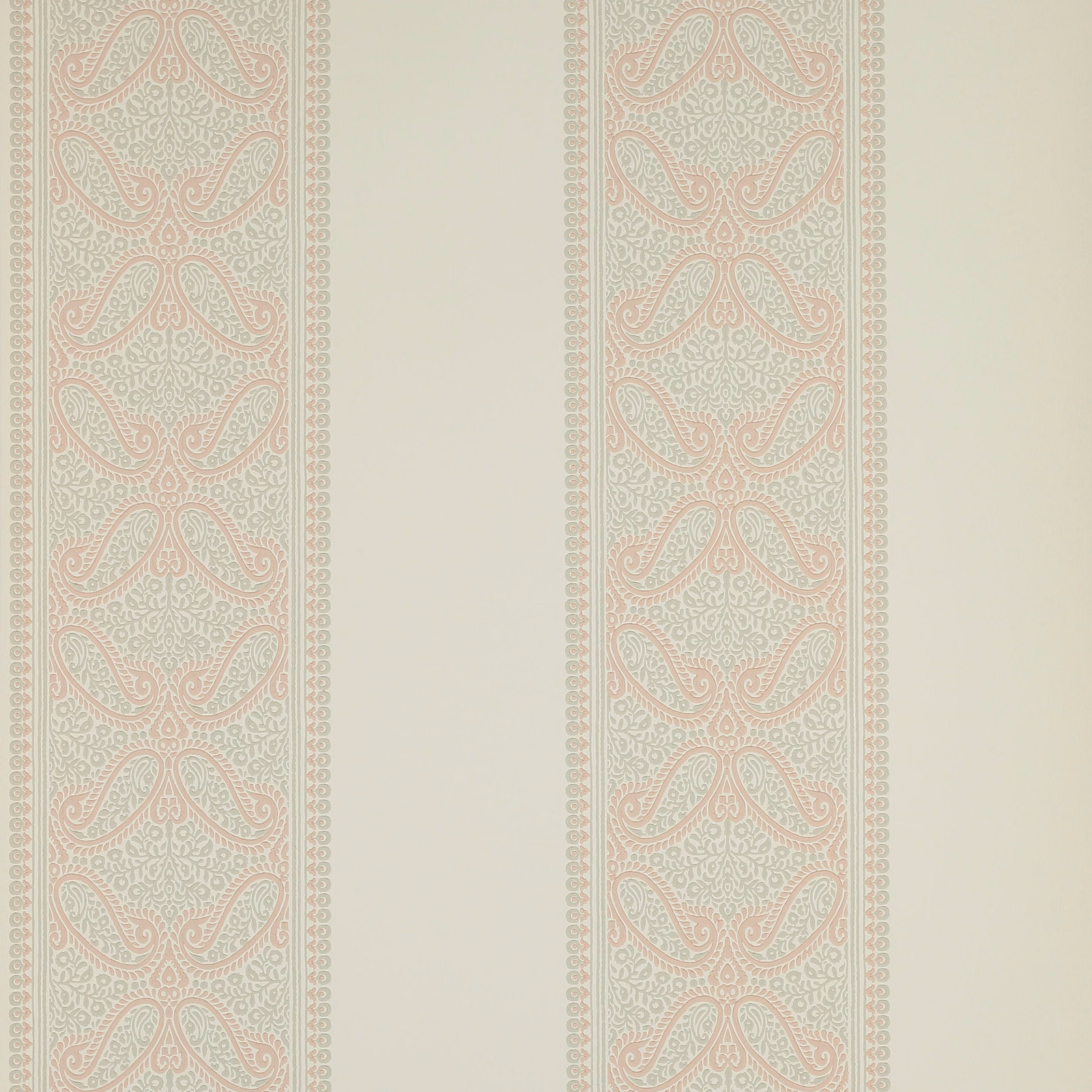 Pale blush paisley stripe bands on an ivory wallpaper ground with sage detailing