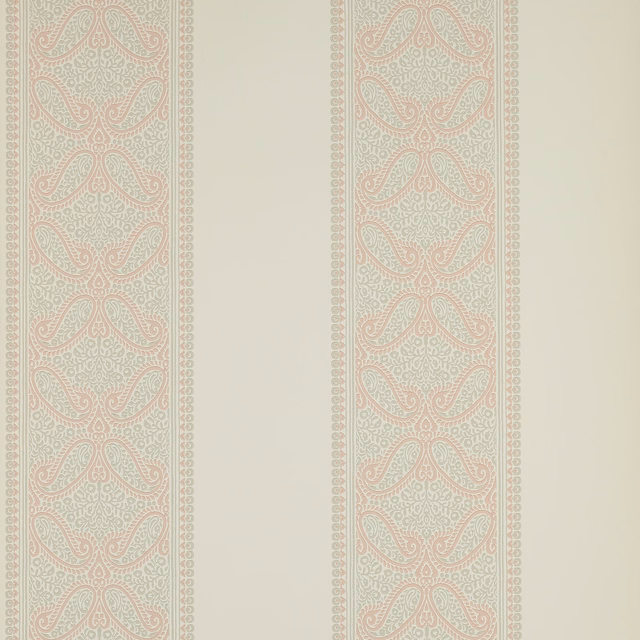 Pale blush paisley stripe bands on an ivory wallpaper ground with sage detailing