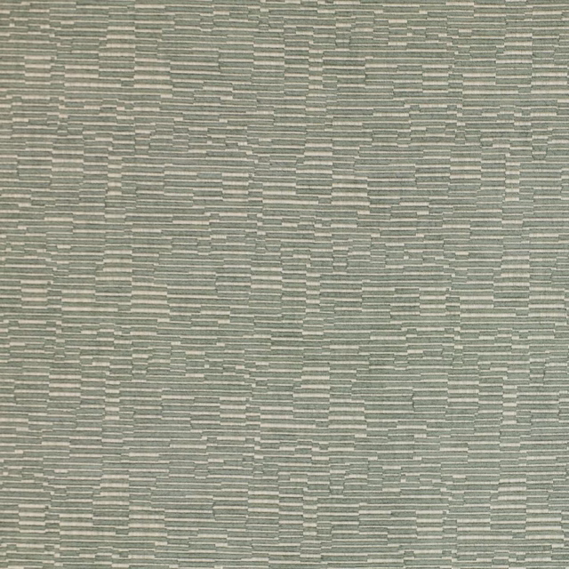 Close-up of soft celadon green woven fabric with fine horizontal textured stripes