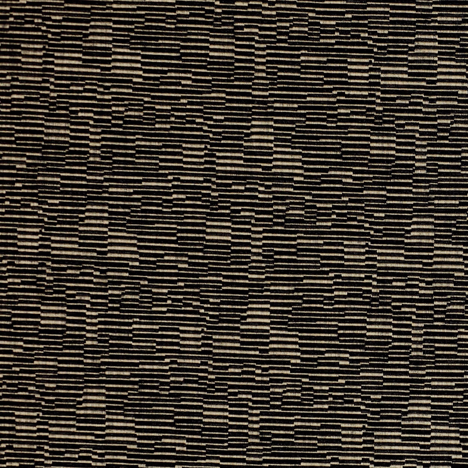 Close-up of black geometric woven fabric with thin taupe and bone stripes