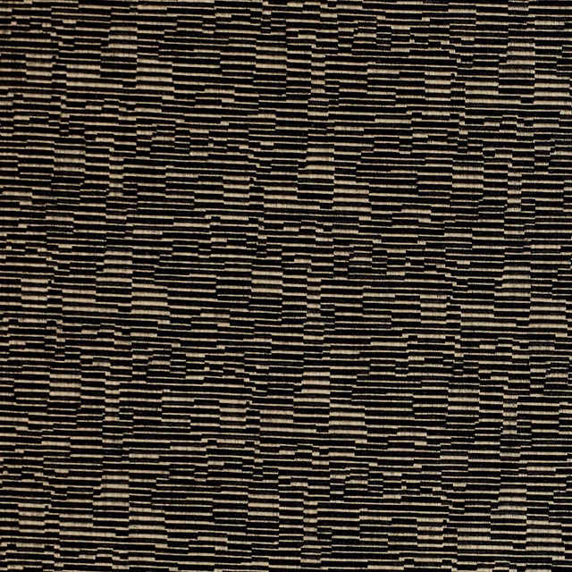 Close-up of black geometric woven fabric with thin taupe and bone stripes