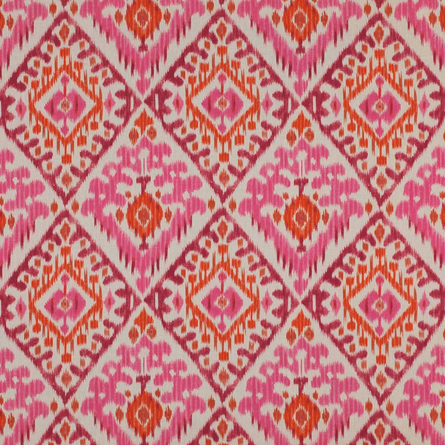 Pink, rose and orange ikat diamond linen swatch with woven texture