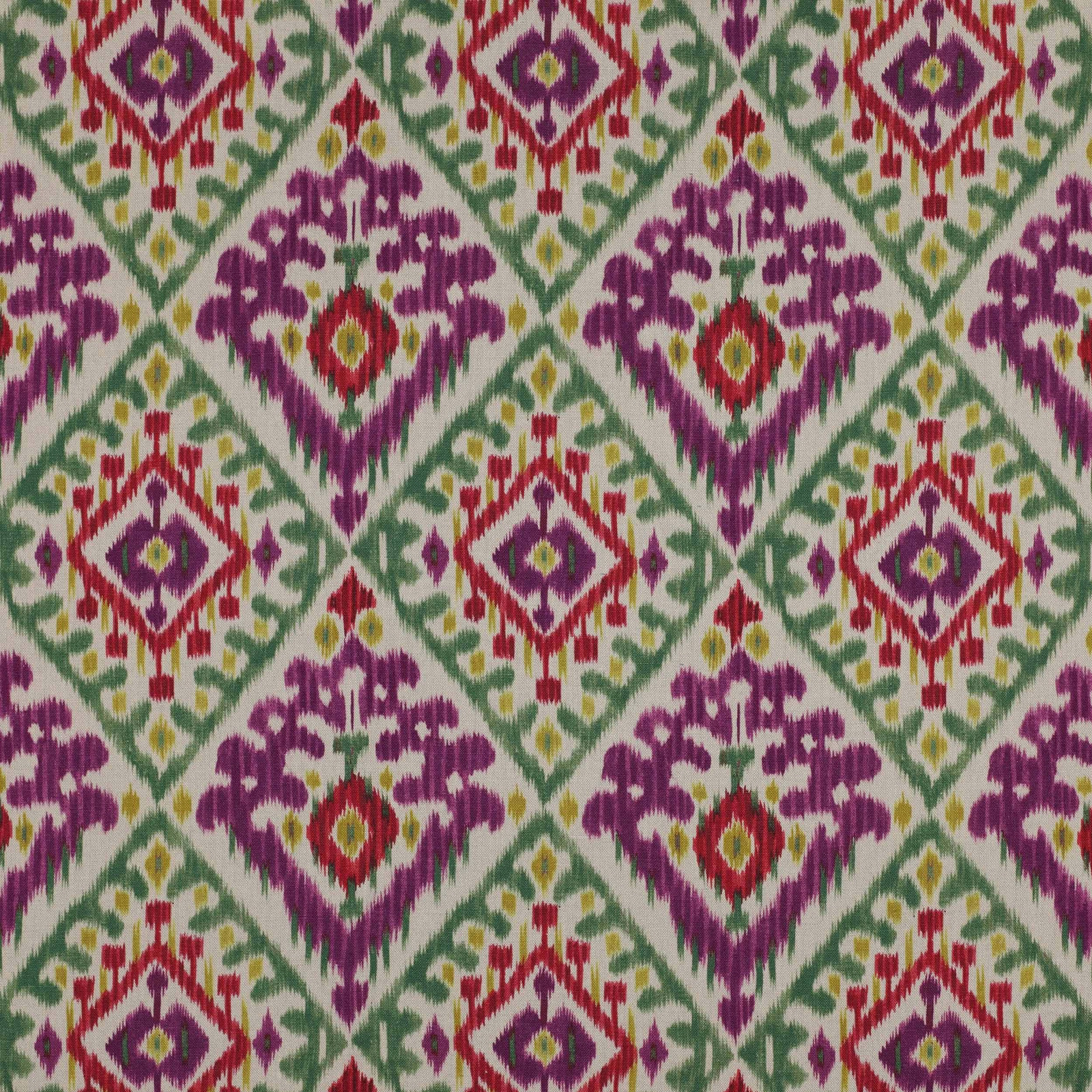 Colourful ikat-style geometric linen swatch in violet, green, red and yellow on a pale ground