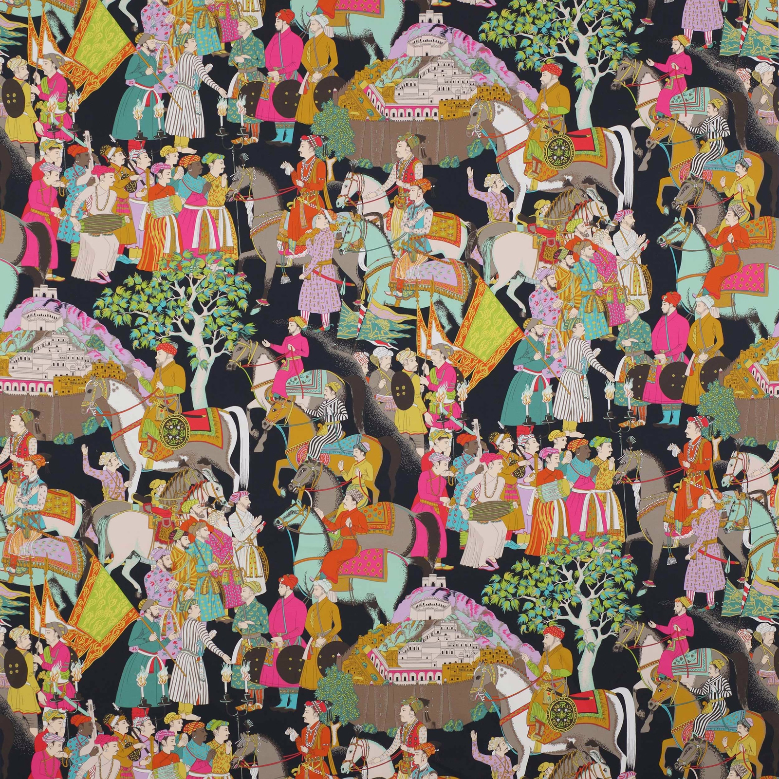 Colourful scenic horse-and-figure print on a black ground