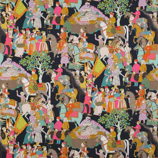 Colourful scenic horse-and-figure print on a black ground