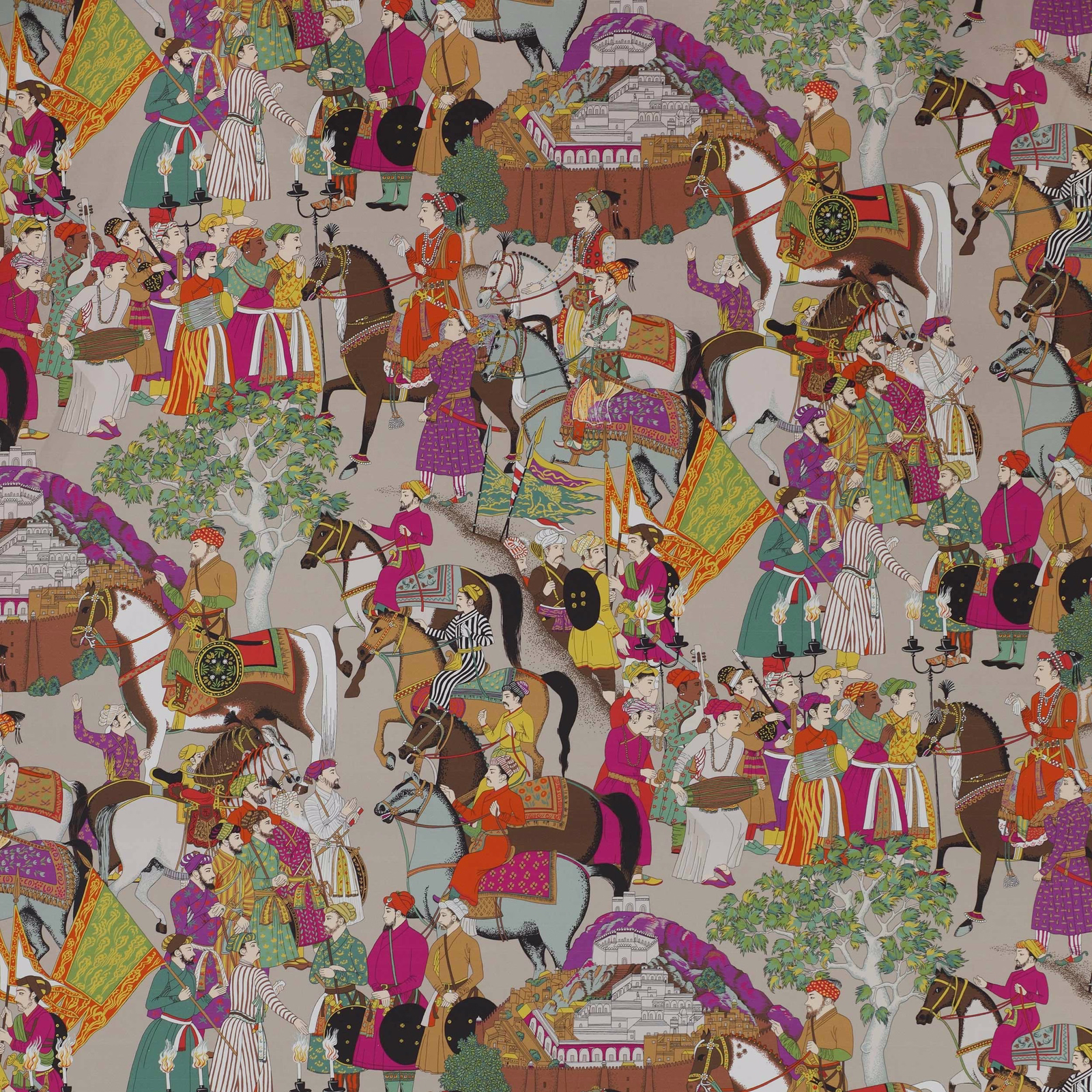 Large figural print on warm taupe cotton, showing riders, horses and crowd scenes