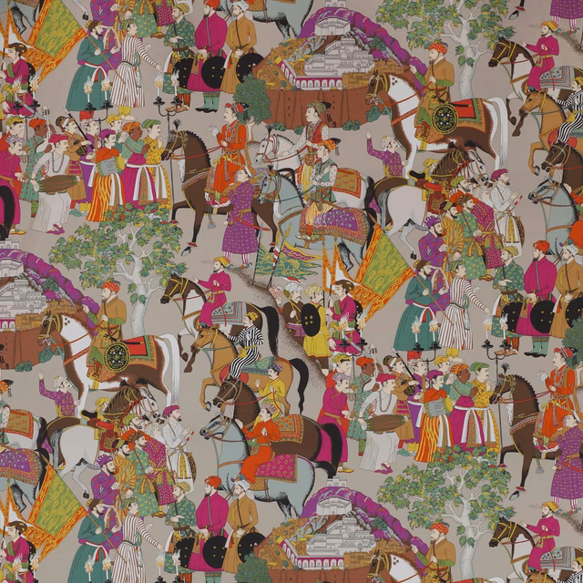 Large figural print on warm taupe cotton, showing riders, horses and crowd scenes