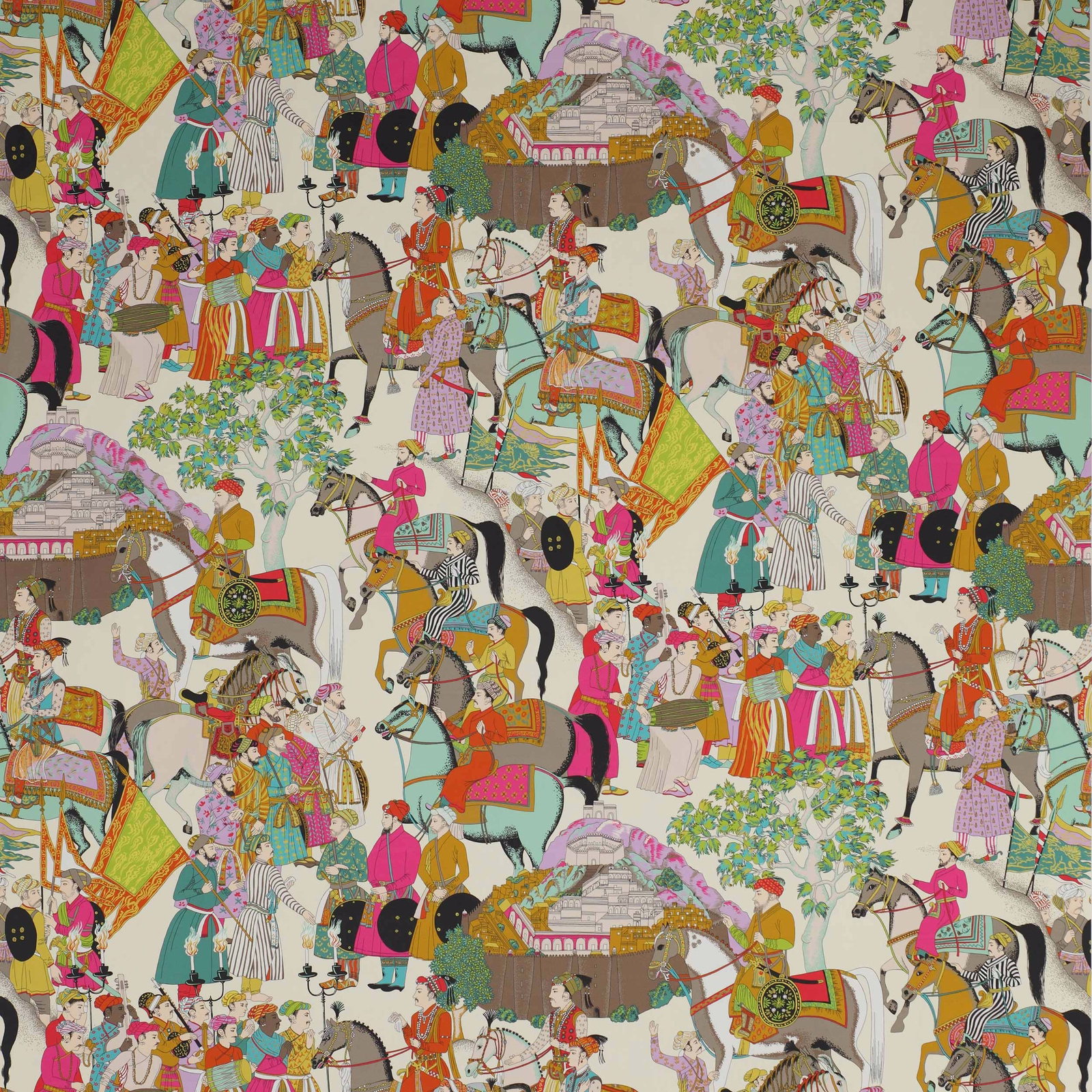Turquoise printed cotton with riders, horses and ornate figural motifs
