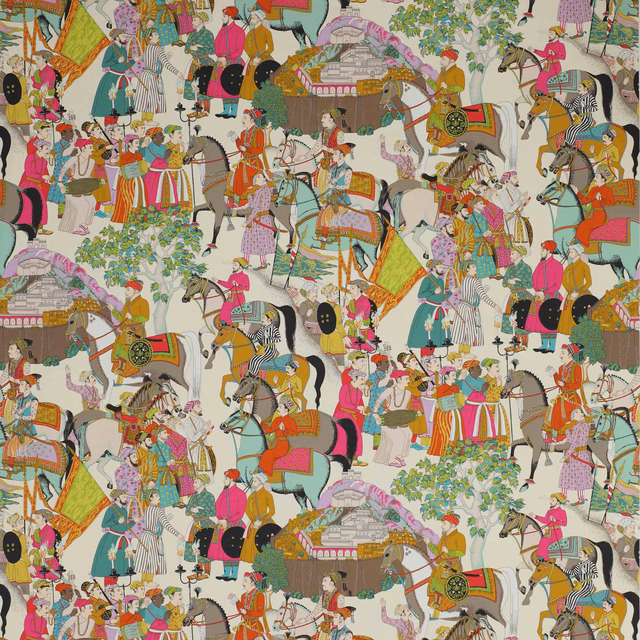 Turquoise printed cotton with riders, horses and ornate figural motifs