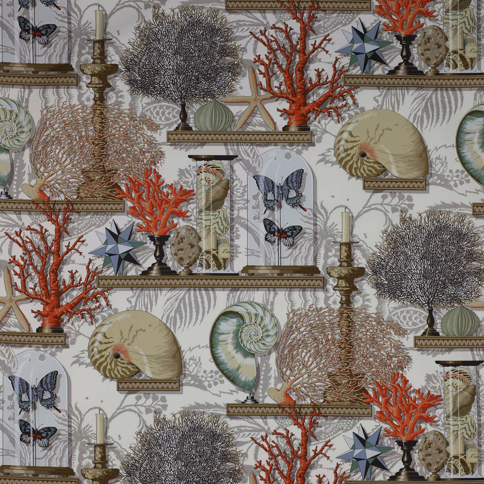 Colourful coral-and-shell botanical print on a pale cotton ground