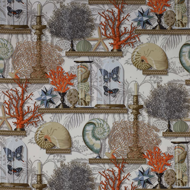 Colourful coral-and-shell botanical print on a pale cotton ground