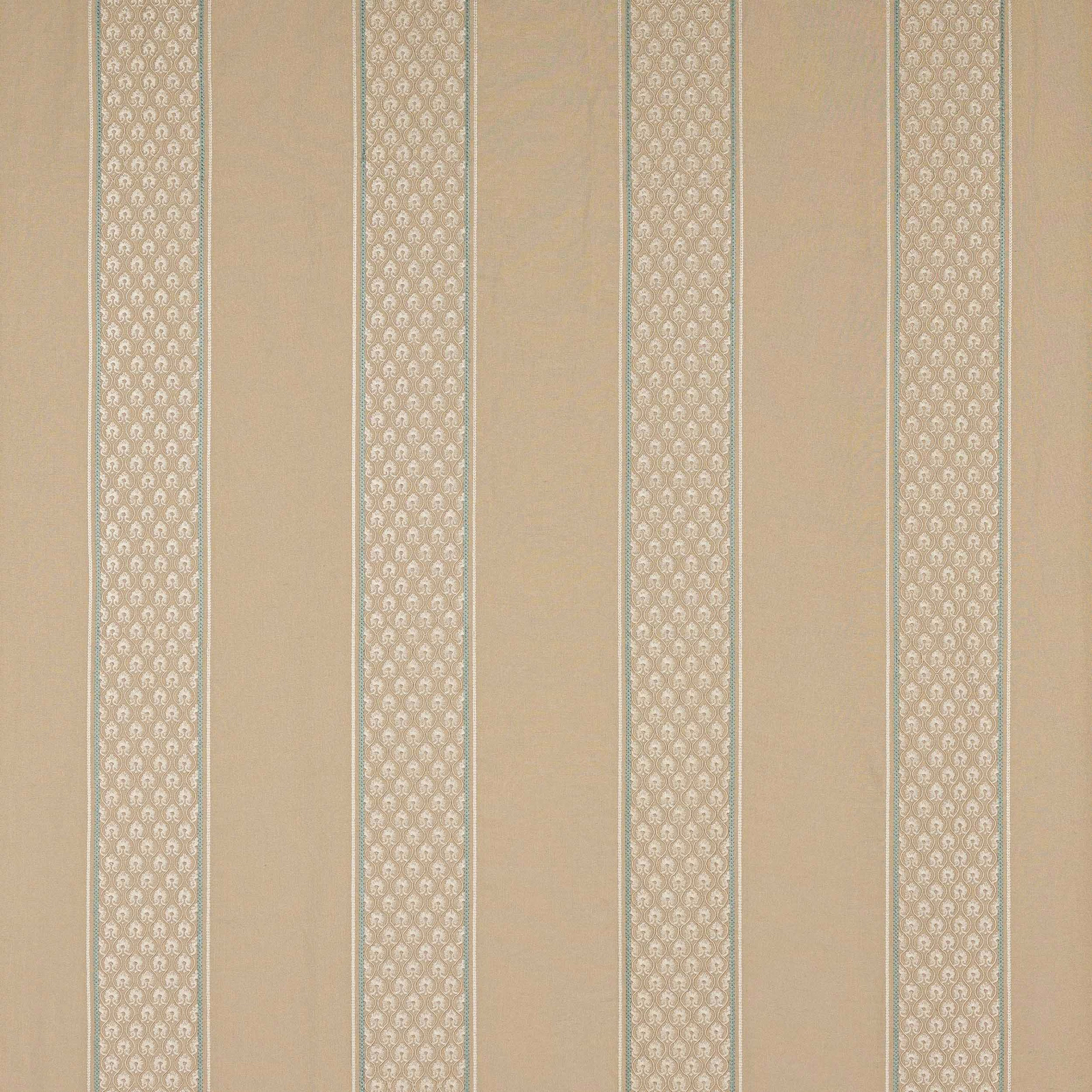 Warm beige striped fabric with narrow patterned bands and fine vertical lines