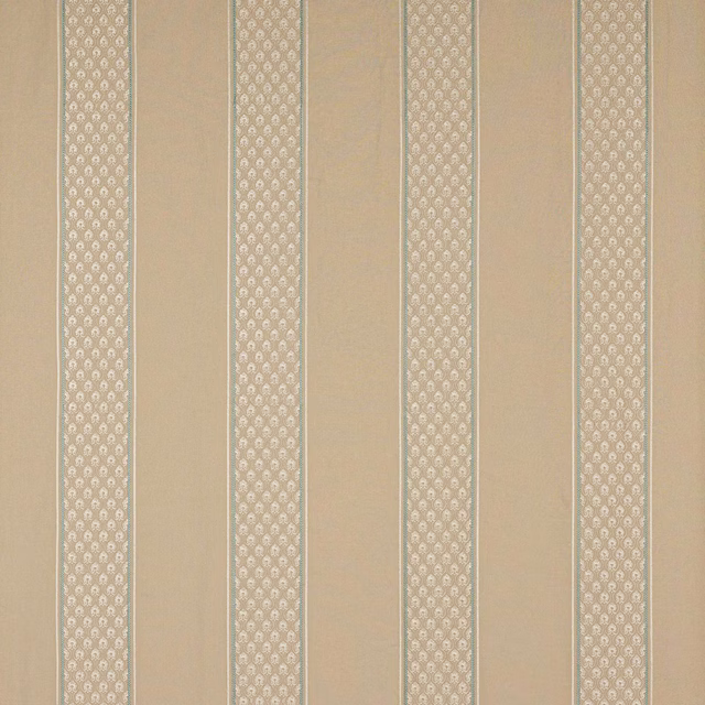 Warm beige striped fabric with narrow patterned bands and fine vertical lines