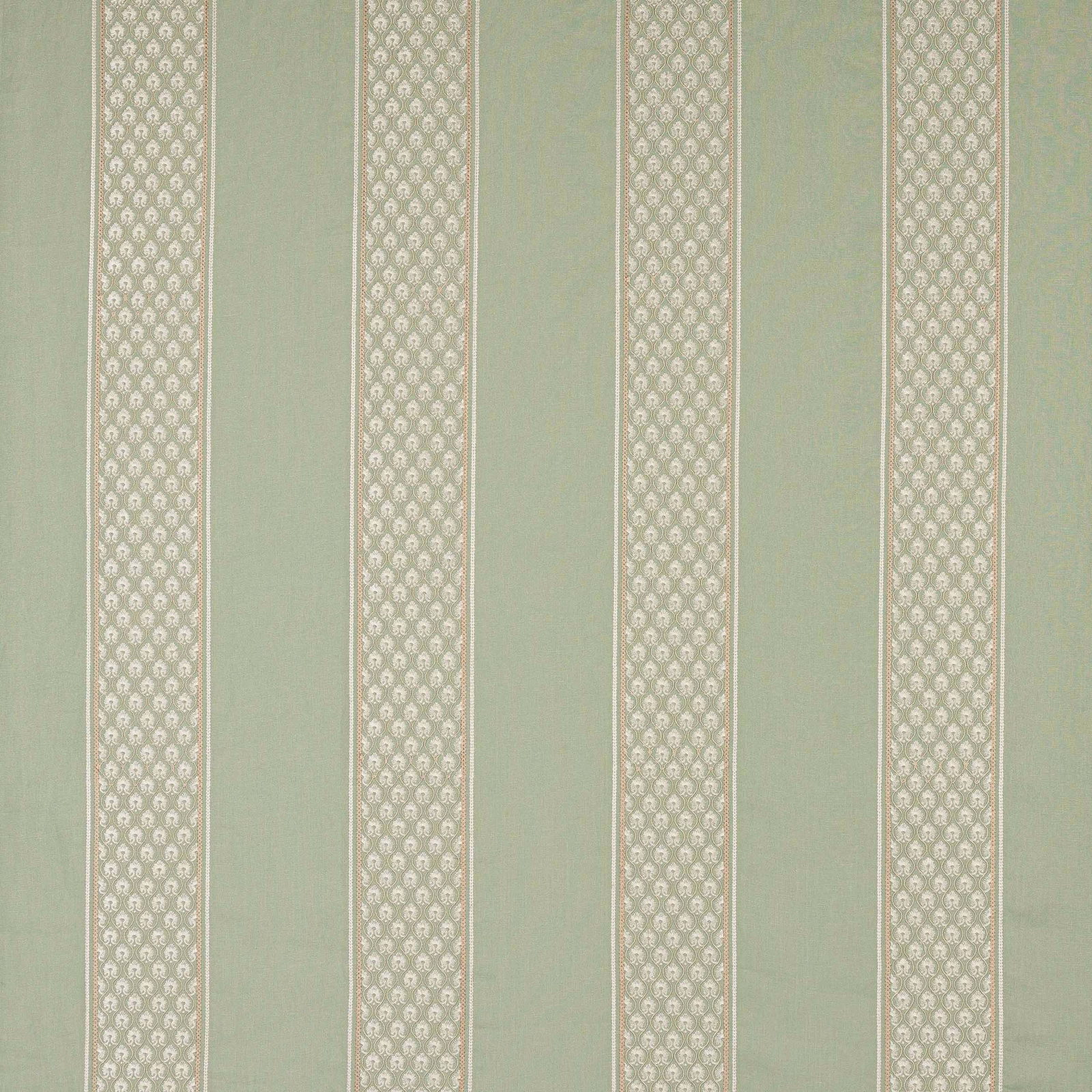 Pale celadon striped fabric with narrow ornate vertical bands and fine woven texture