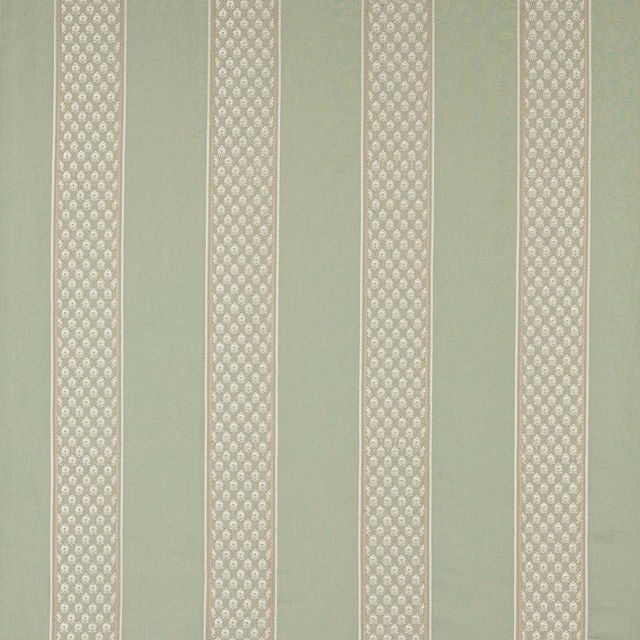 Pale celadon striped fabric with narrow ornate vertical bands and fine woven texture