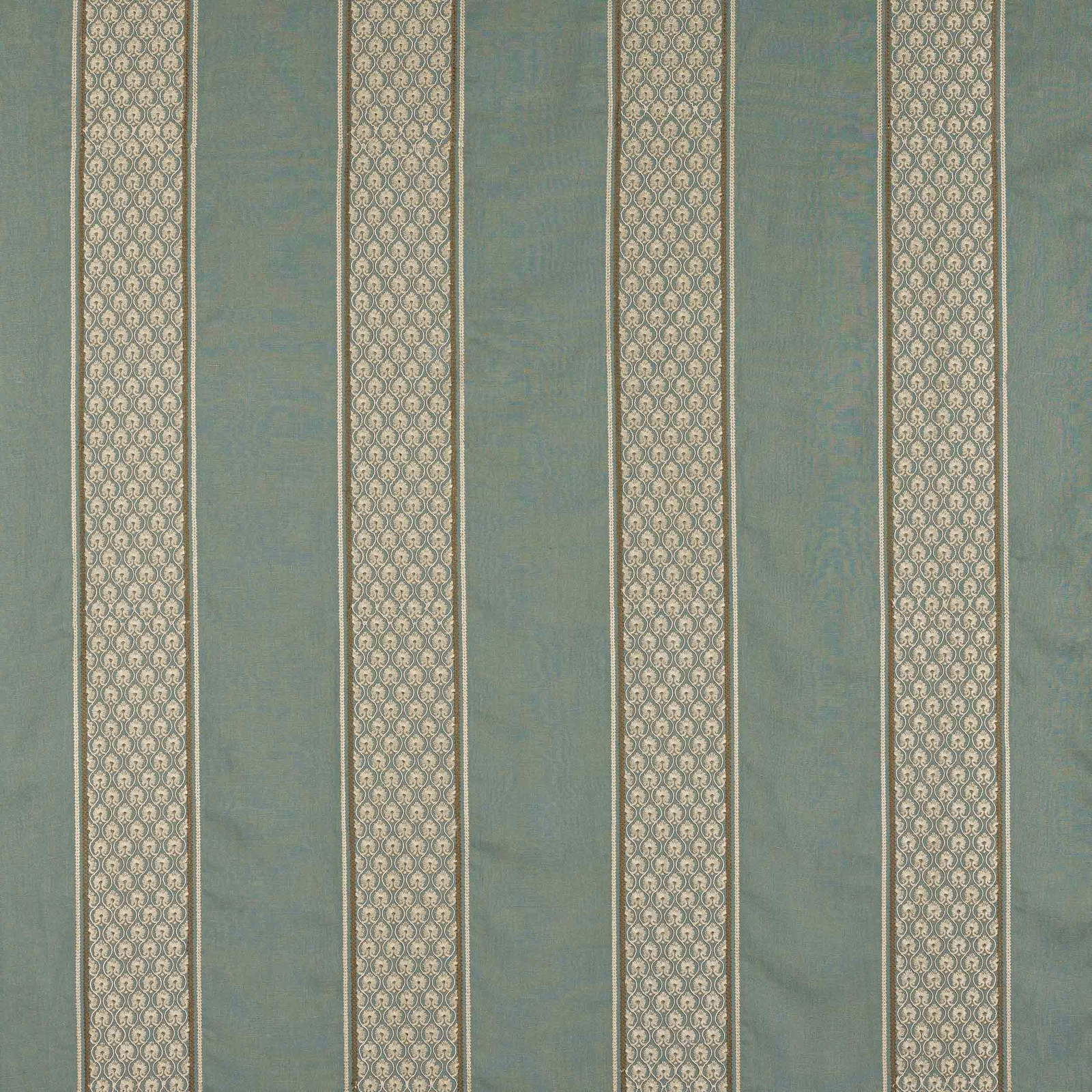 Muted old blue striped fabric with pale decorative vertical bands