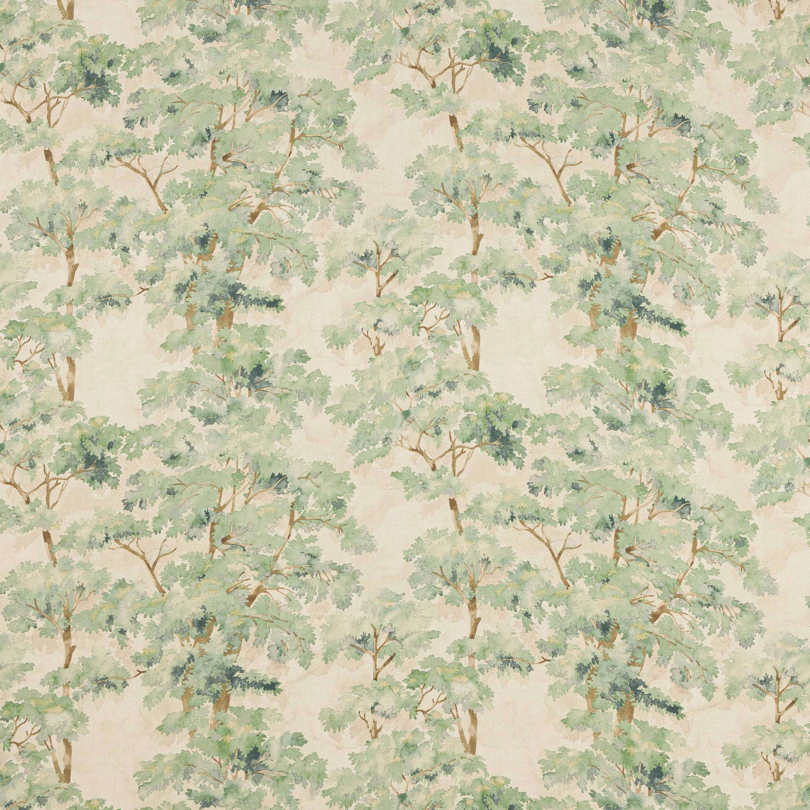 Leafy tree motif in muted green on a warm ivory linen swatch