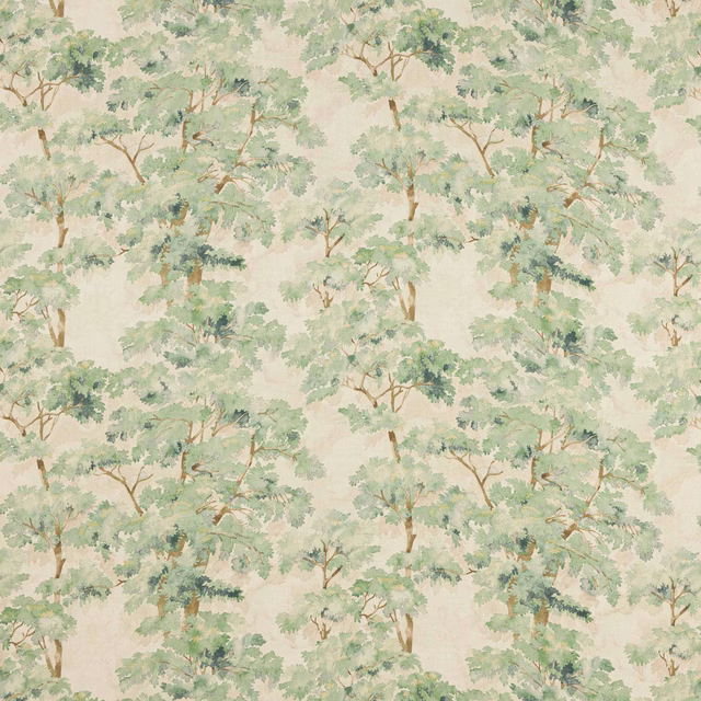 Leafy tree motif in muted green on a warm ivory linen swatch