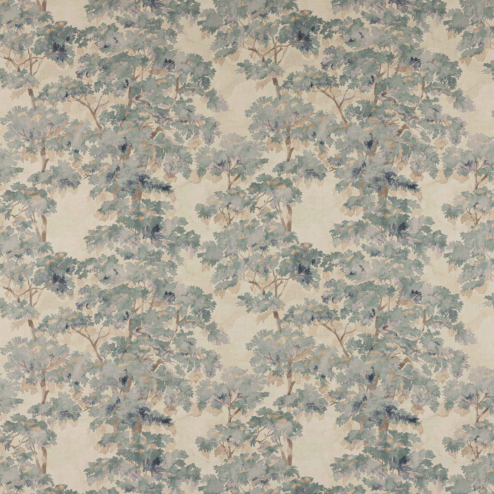 Painterly tree fabric in soft old blue and sage on a cream ground