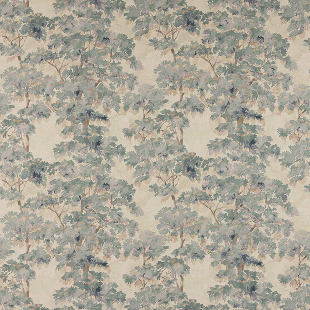 Painterly tree fabric in soft old blue and sage on a cream ground
