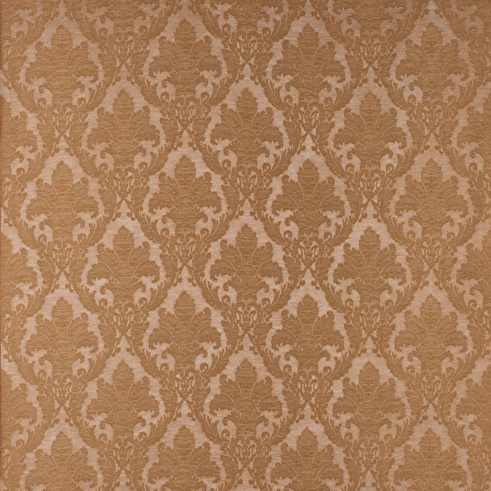 Bronze damask fabric with a textured woven ground and ornate floral medallions
