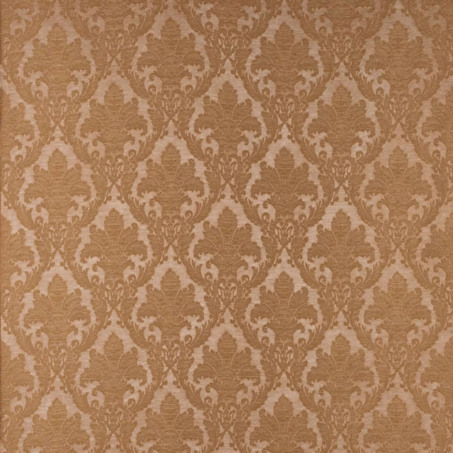 Bronze damask fabric with a textured woven ground and ornate floral medallions