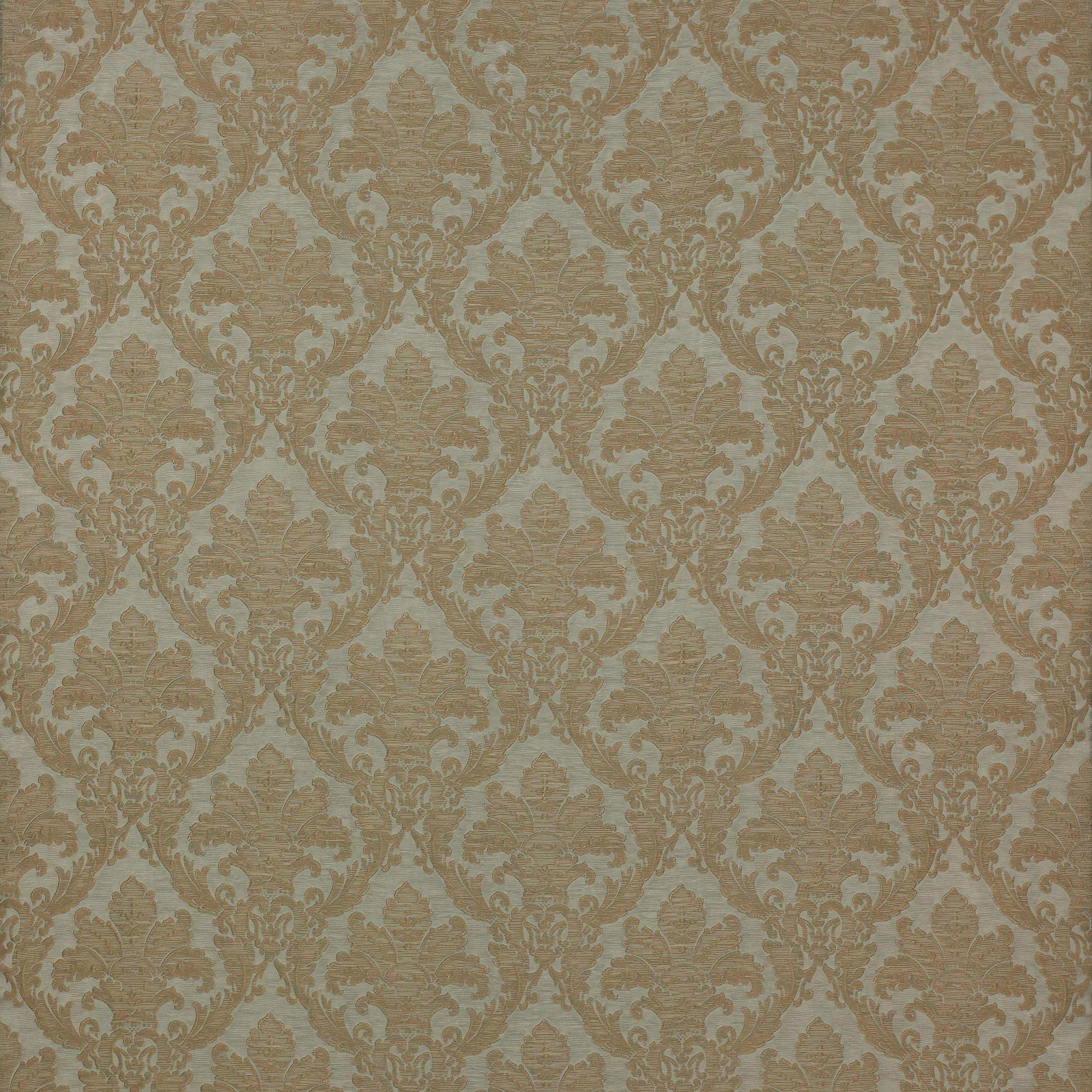 Muted jade damask fabric with scrolling leaf motifs on a pale ground