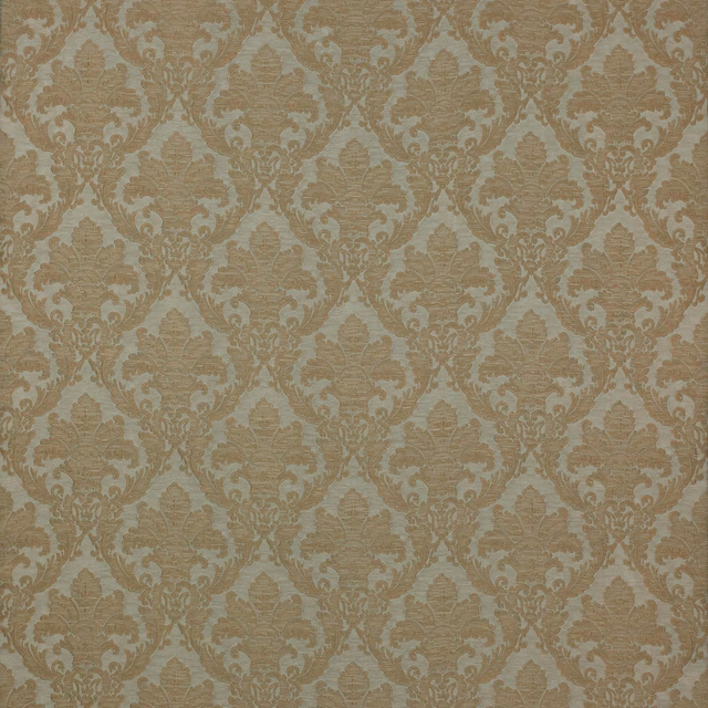 Muted jade damask fabric with scrolling leaf motifs on a pale ground