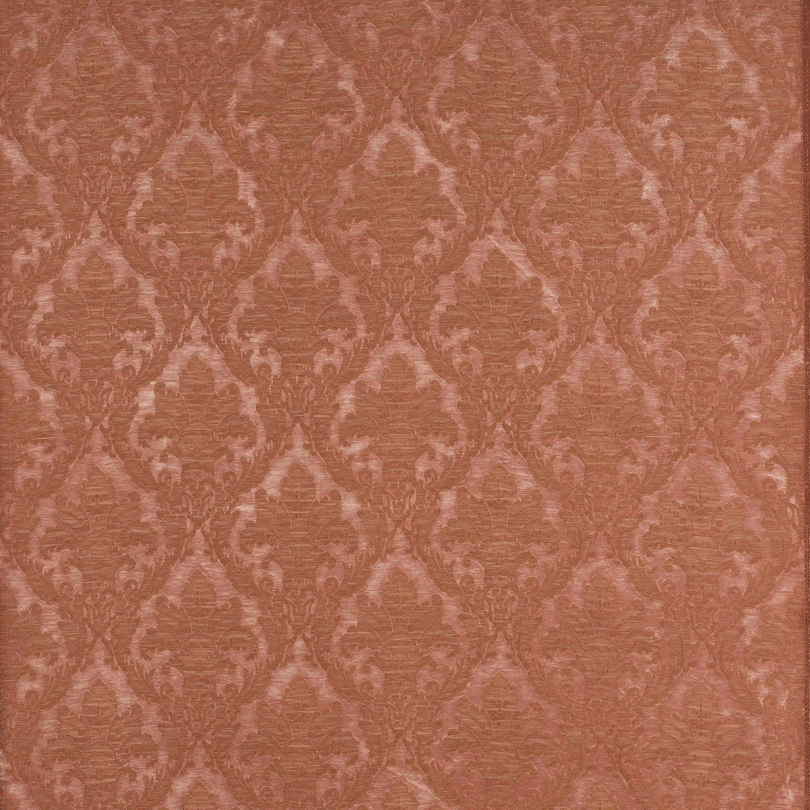 Terracotta-red damask fabric with a softly textured woven surface