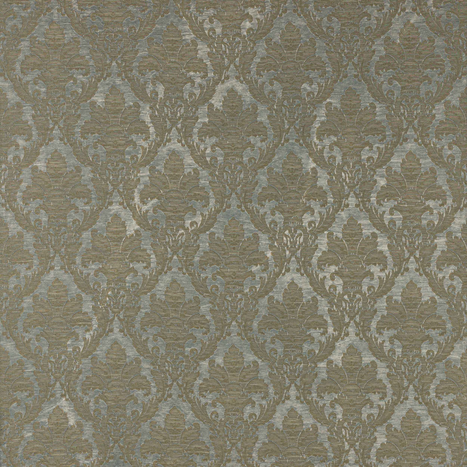 Blue-grey damask woven fabric with pale scrolling motifs and textured slub